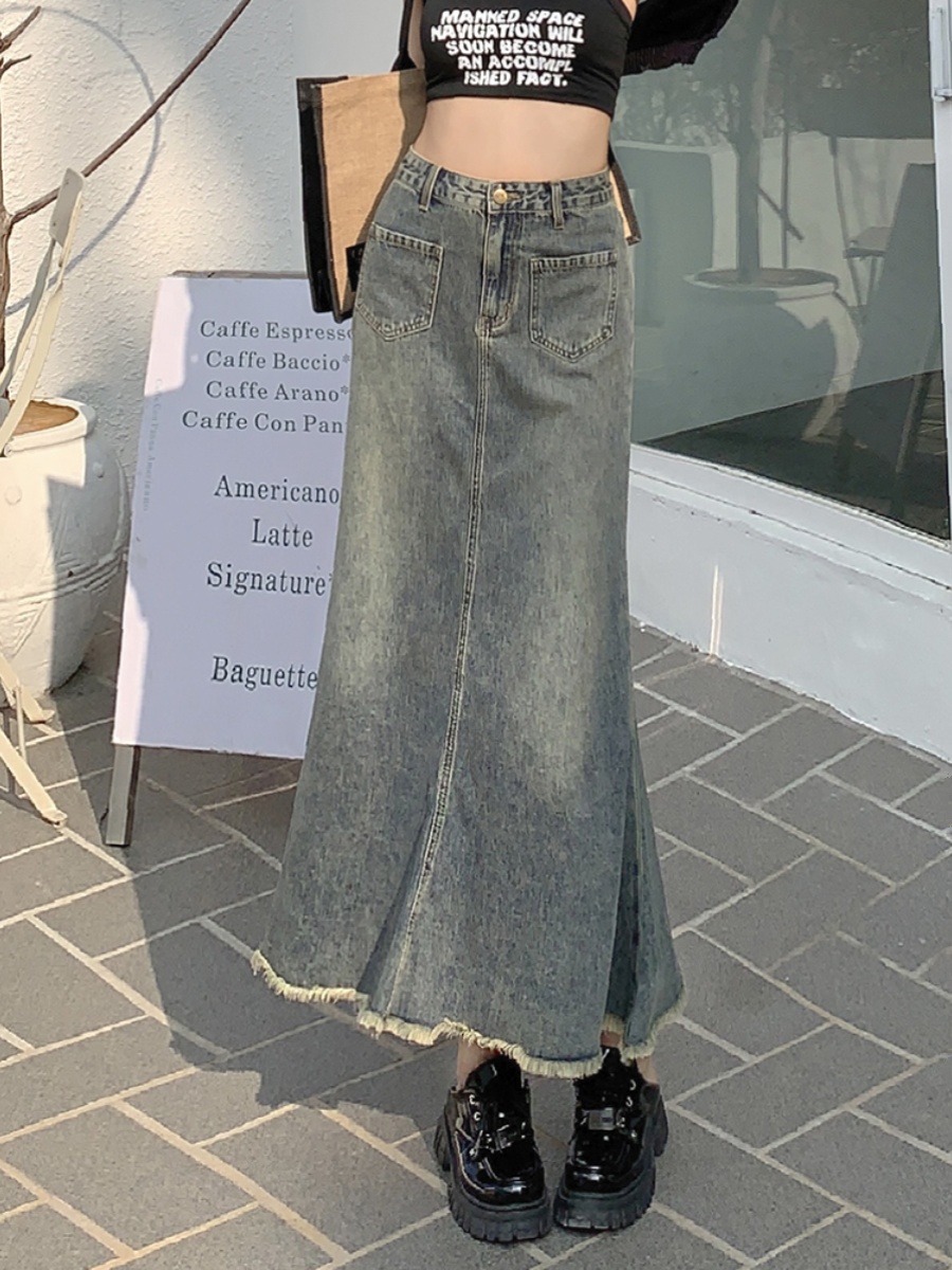 Retro High Waist Sheath Mermaid Dress Women's Summer Pear-Shaped Figure Slim Looking Mid Length Long Length Cover Cross A- line Denim Skirt