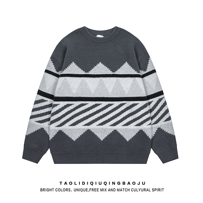 Japanese-Style Retro Contrast Color round Neck Sweater Women's Winter New Arrival Trendy Loose Casual Couple Soft Glutinous Knitwear Tops