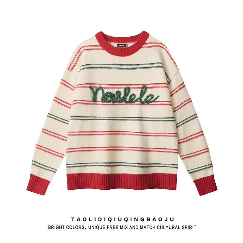 Japanese Style Vintage Stripe Color-Block Crew Neck Sweater Women's Small Soft Glutinous All-Matching Youthful-Looking Student Knitwear Tops