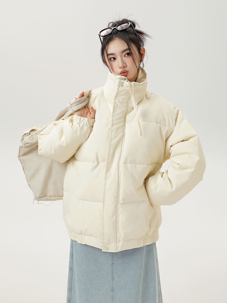 Pure Color Small Thickened Warm Cotton Coat Women's Winter Basic Style Minimalist Versatile Stand Collar Bread Coat Cotton-Padded Coat