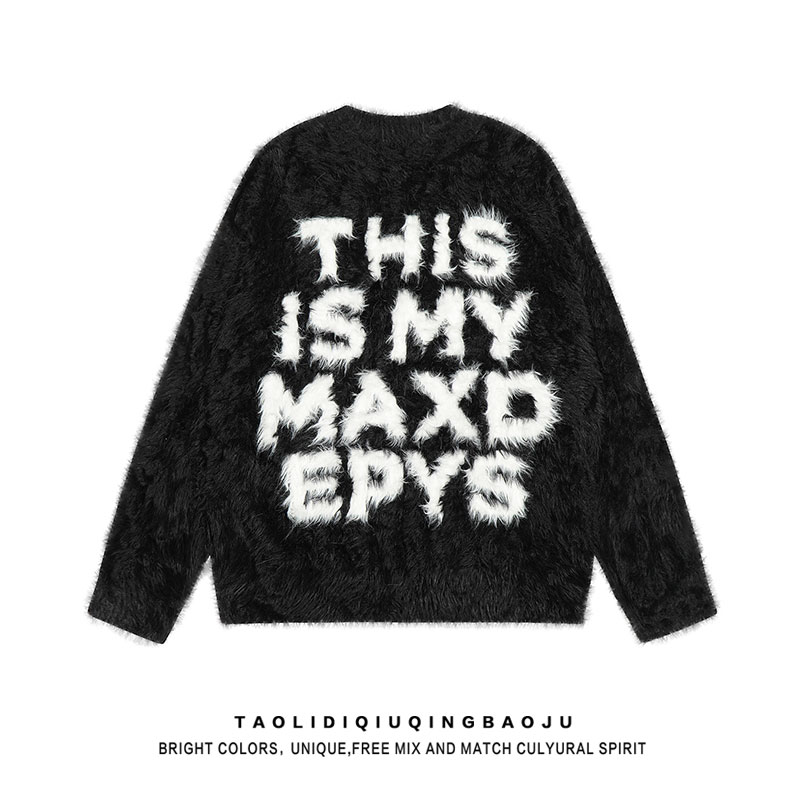 American Vintage Letter Imitation Mink Furry Sweater - Unisex Trendy Loose Style Soft Knit Top