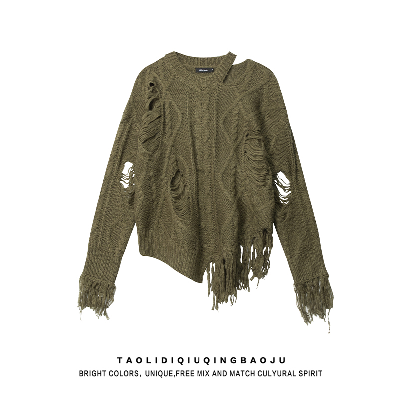 Stylish Niche Style Cut Out Ripped Tassel Sweater Female Sexy Slim Looking Easiest for Match Asymmetrical Soft Glutinous Knitwear Tops