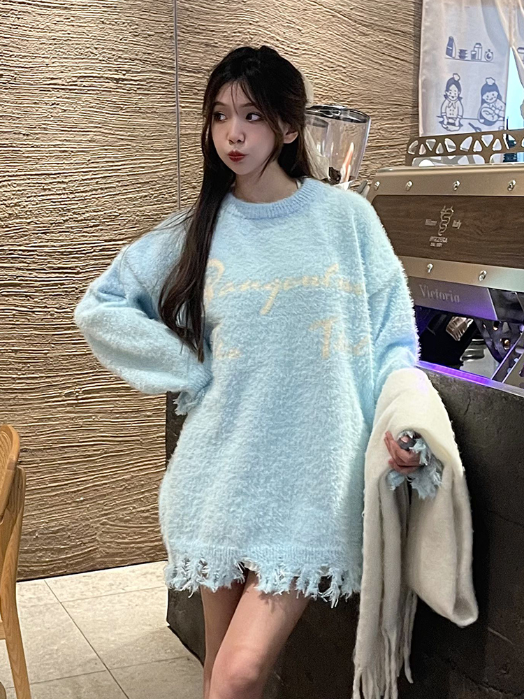 Korean Style Soft Glutinous Letter Jacquard round Neck Sweater Women's Autumn Idle Style Loose BF Easiest for Match Hem Worn Knitwear