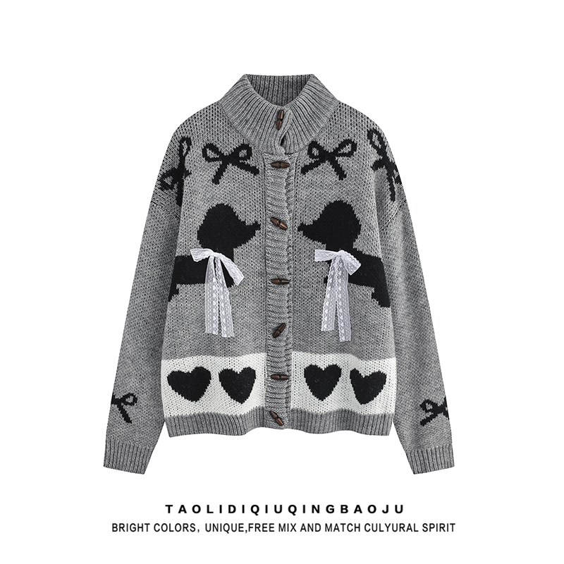 American Retro Bows Horn Button Cardigan Sweater Female Winter Comfortable Loose Casual Small Man Knitwear