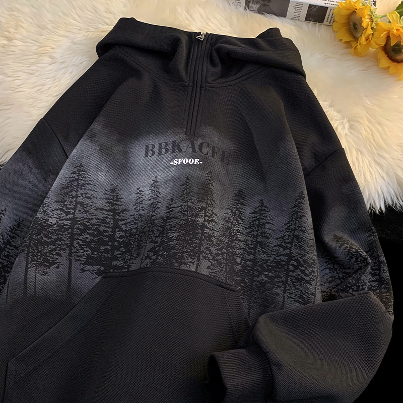 American Fashion Brand Tie-Dyed Forest Printed Hoodie Women's Autumn High Street Couple Wear Black Loose Hoodie Coat
