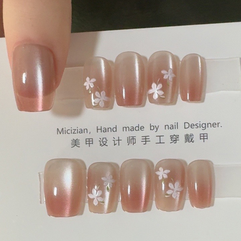 [Peach Pink Flowers] Cat's Eye Hand-Worn Nail Nail Patch Manicure Fake Nails 5026#