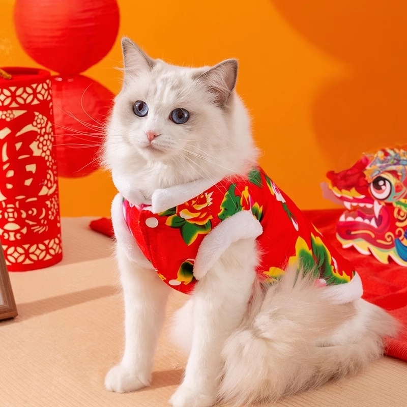 Cat Clothes Winter Heattech Pet Fall and Winter Thickened New Kitten Kittens Ragdoll Anti-Lint New Year Clothes