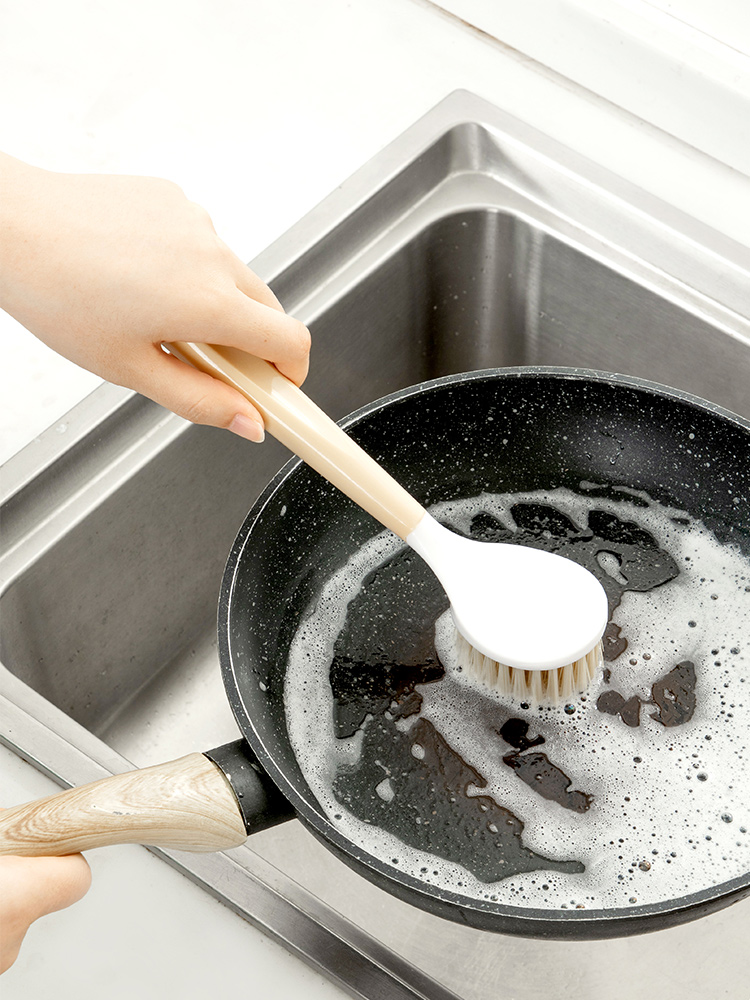 Jujiajia Dish Brush Minimalist Wood Color Long Handle Kitchen Brush Pot Fabulous Dish Washing Product For Home Sink Stove Cleaning Brush