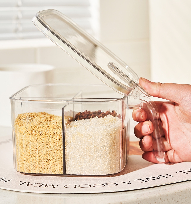 Kitchen Press Type Four-Compartment Condiment Dispenser Sealed Moisture-Proof with Spoon for Containing Salt MSG Condiment Seasoning Box Seasoning Containers