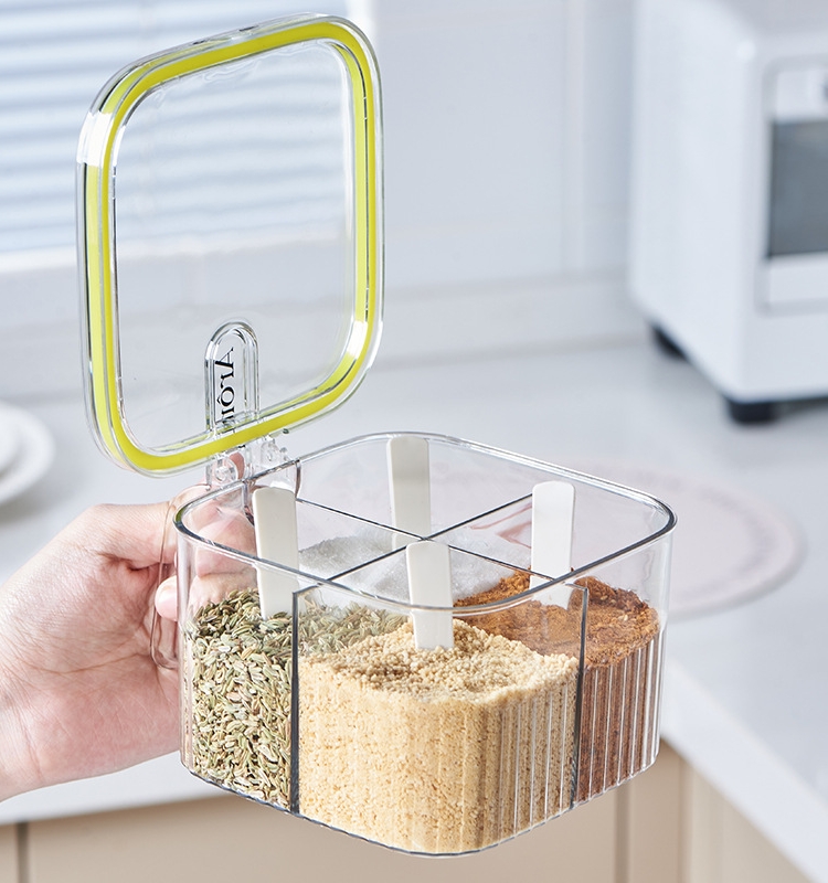 Kitchen Press Type Four-Compartment Condiment Dispenser Sealed Moisture-Proof with Spoon for Containing Salt MSG Condiment Seasoning Box Seasoning Containers