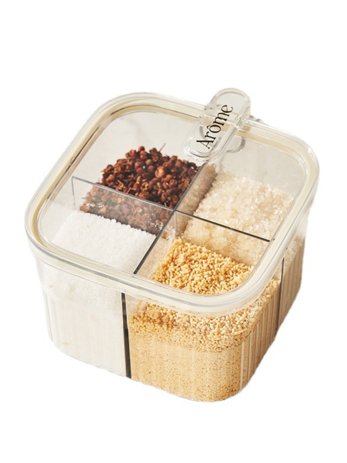 Kitchen Press Type Four-Compartment Condiment Dispenser Sealed Moisture-Proof with Spoon for Containing Salt MSG Condiment Seasoning Box Seasoning Containers