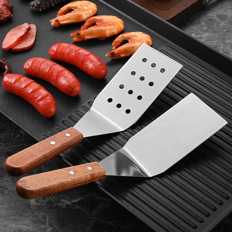 Jujiajia Stainless Steel Cooking Shovel Wooden Handle Teppanyaki Spatula Slotted Turner Flat Shovel Shovel Pizza Scallion Pancake Pancake Shovel