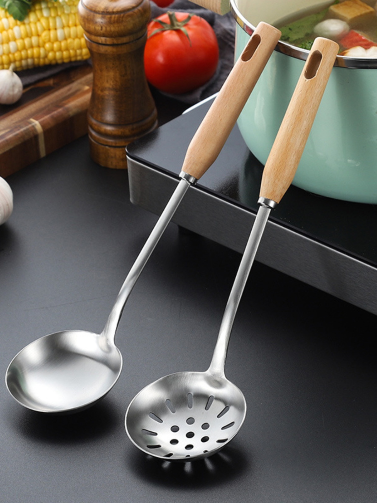 New Arrival 304 Stainless Steel Colander Japanese Hot Pot Soup Ladle Kitchenware Suit Creative Retro Wooden Spoon Kitchen Supplies