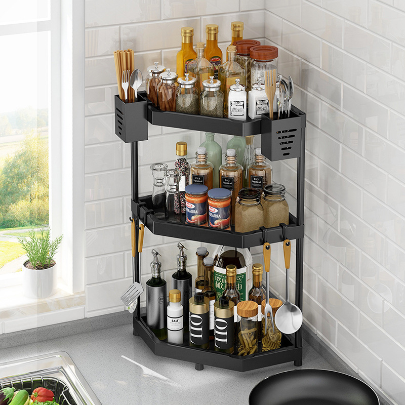 Black Kitchen Corner Storage Rack Tripod Stainless Steel Seasoning Rack Countertop Corner Storage Rack Wall Hanging Punch-Free
