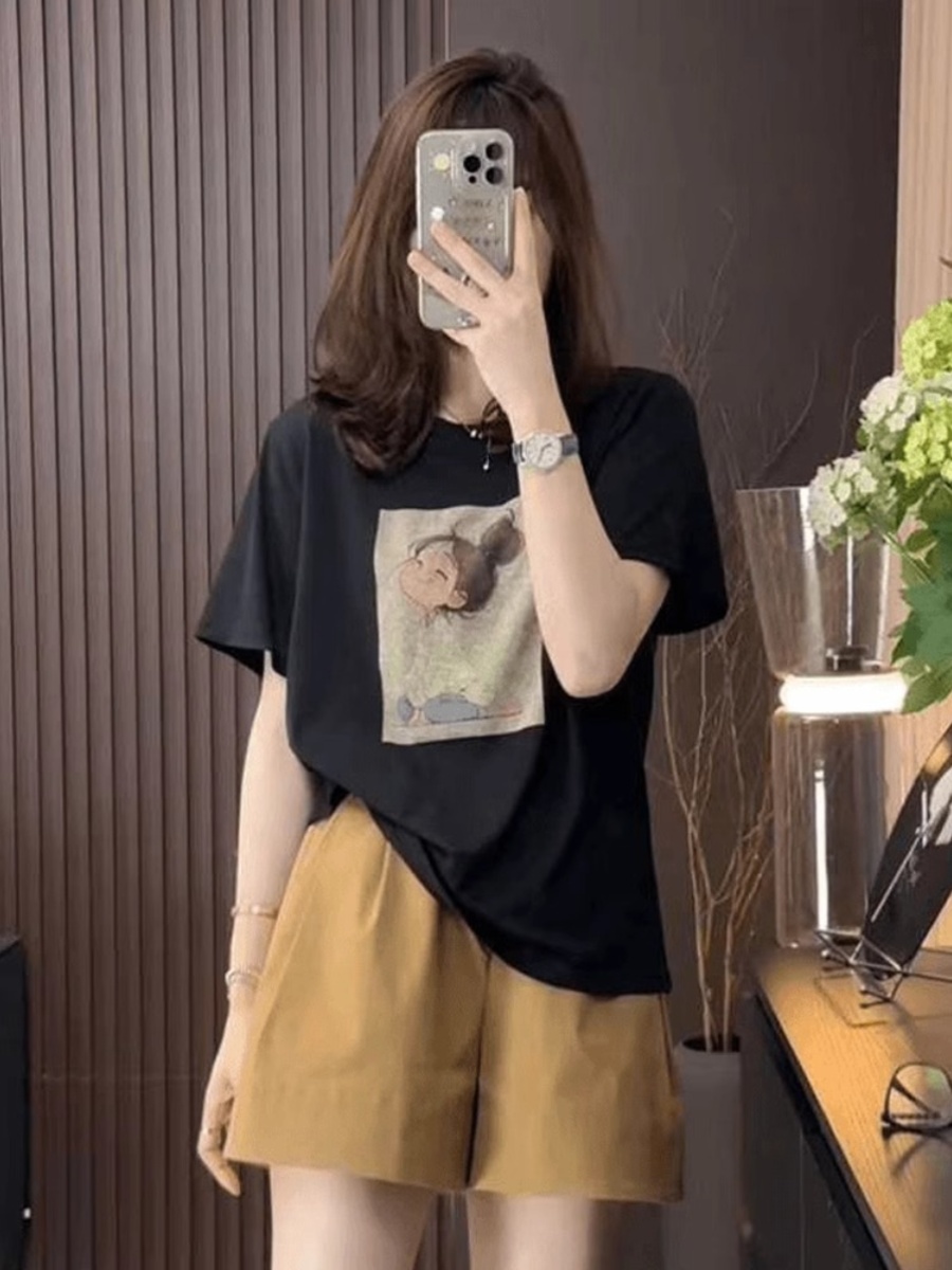 Sweetheart Girl Cartoon Print Shoulder Short-Sleeved T-shirt for Women 2025 New Arrival Best Selling Summer Casual Versatile Tops Women