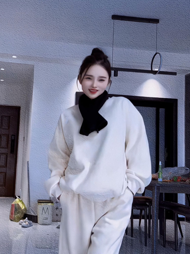 Spring & Fall All-Matching Hoodie round Neck Women's Fleece-lined Thickened 2025 New Arrival Best Selling White Solid Color Idle Style Casual Tops