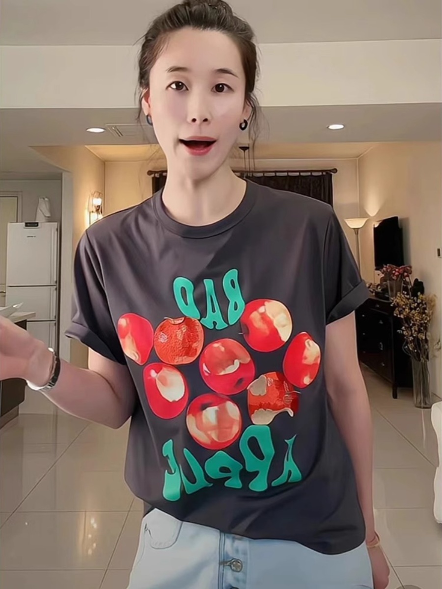 Hong Kong Style Retro Fun Bad Apple Print Short Sleeve Women's T-Shirt Summer Fashion All-Matching Loose Youthful-Looking Design Blouse