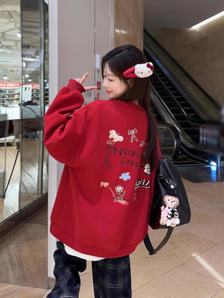 Fun Graffiti Bows Print Red round-Neck Sweatshirt Female Spring & Fall Lazy and Loose Casual Non-Hoodie Pullover Tops