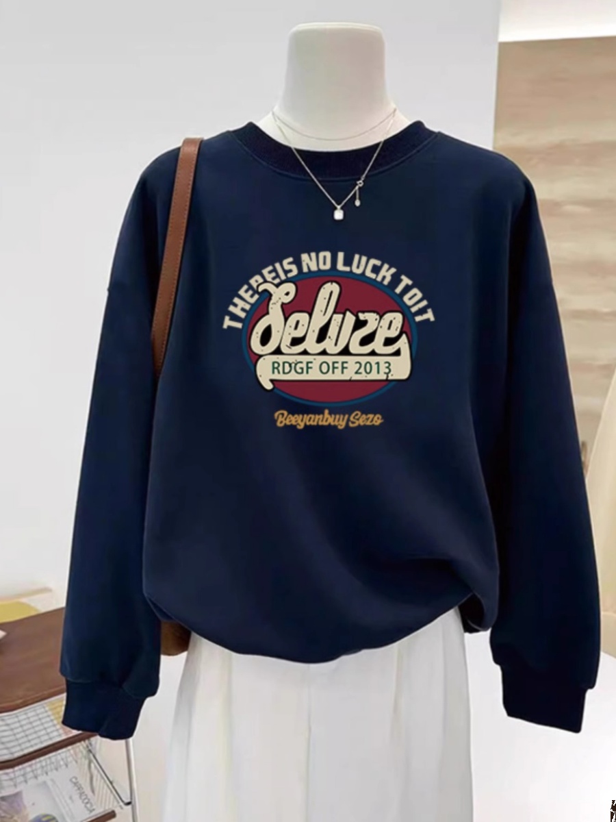 American Letters Idle Style Dark Blue round Neck Hoodie Women Spring and Autumn 2025 New Loose Top Korean Style Outerwear