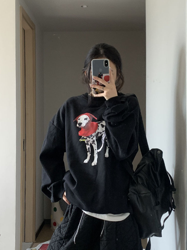 Temperament Popular Cute Fun Animal Spotty Dog Print Fleece-lined Hoodie Women Lazy College Western Style round Neck Top