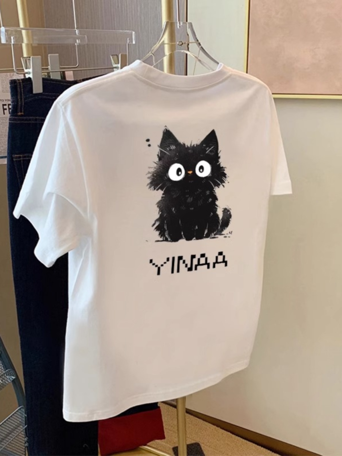 Cat Printing Short-Sleeved Women's Clothes 2025 New Arrival Best Selling Summer American Retro Trendy Loose Casual Half Sleeves