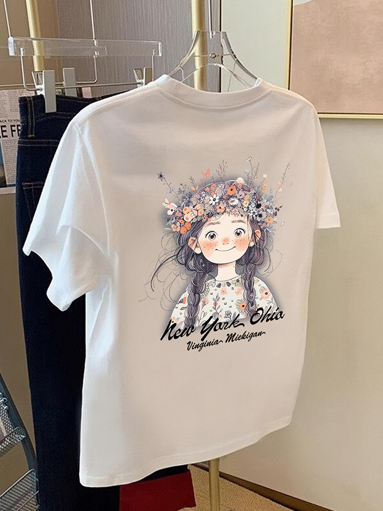 French Style Design Little Girl Short Sleeve T-Shirt Female Summer New Arrival Back Printed Loose Large round Neck Tops Female