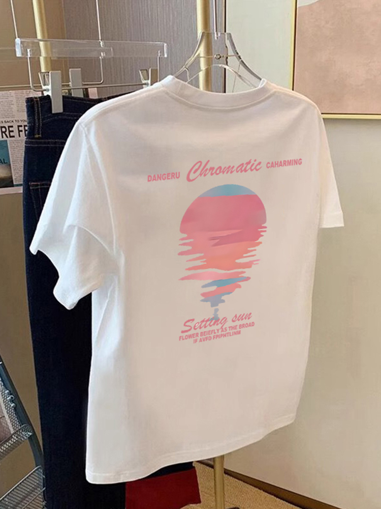 Short Sleeve T-Shirt Women's White Summer 2025 New Arrival Sunset T-shirt Cotton Fashion Brand Couple round Neck Printed Half Sleeve Tide