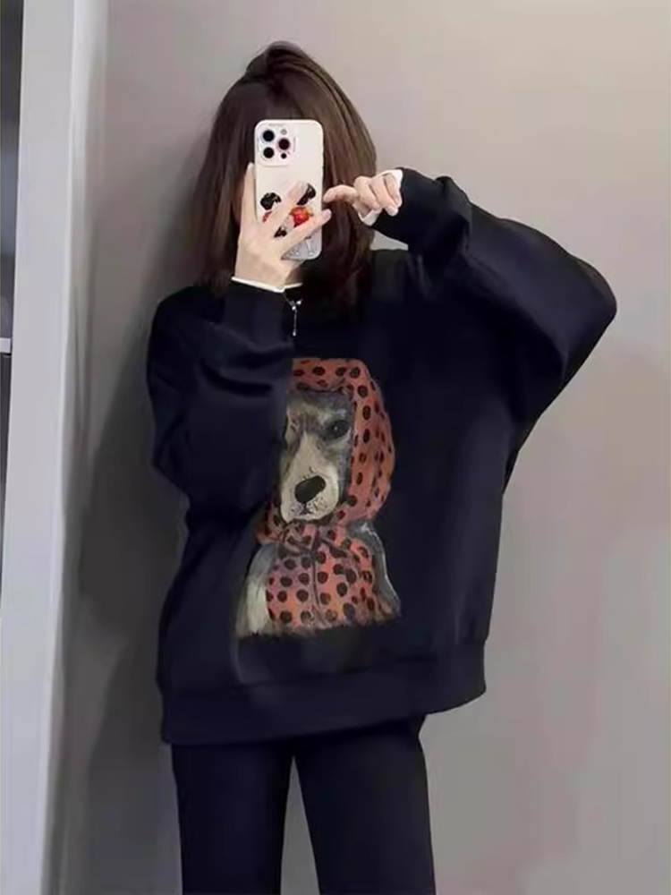 American Retro Oversize Fashionable Stylish Unique Super Nice Dog Print Black Pullover Hoody Women's Spring Clothes