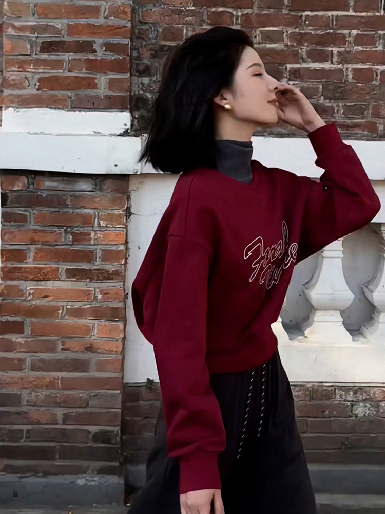 Korean Style Letter Print Pullover Sweatshirt Women's Spring and Autumn Loose Slim Looking Chic Short Outwear Fashion Fashionable Top