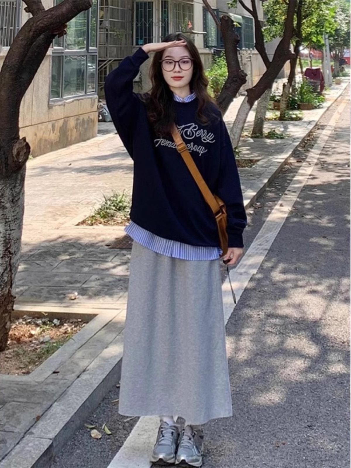 Early Autumn New Arrival Dark Blue Bandage Dress Sweatshirt Women's Spring and Autumn Small Stylish Niche Style Long Sleeves Shoulder Tops Thin
