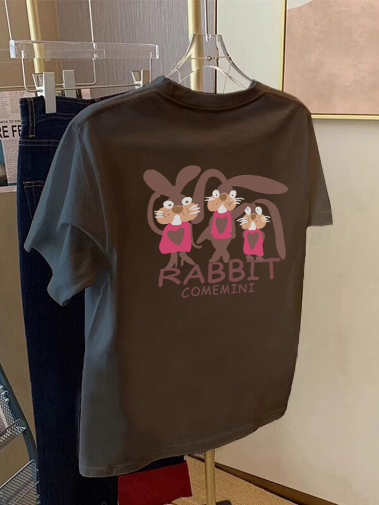 K-style Loose Small Cartoon Rabbit Letter Print Short-Sleeve T-Shirt Female round Neck Work Clothing All-Matching Graceful Tops