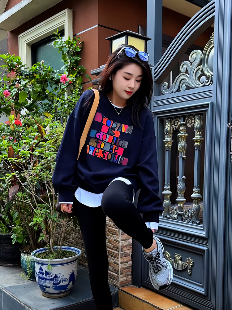 Korean Style Special-Interest Fashion Brand Color Letter Print Long Sleeve Pullover Hoodie Female Stylish Casual Easiest for Match Autumn Tops