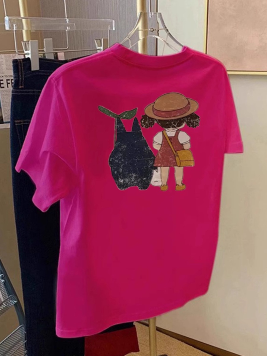 Rose Red Pure Cotton T-Shirt Short Sleeve Female Loose 2025 Spring and Summer New Arrival Half Sleeve T-shirt Shoulder Petite Top