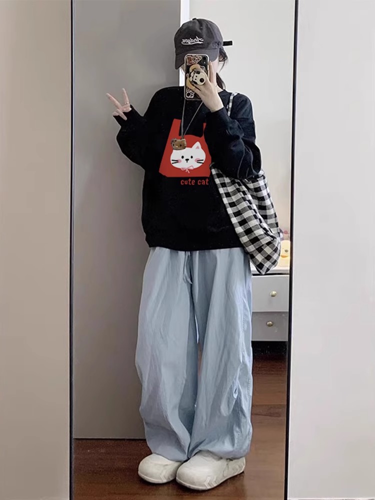round Neck Sweatshirt Women's Spring and Autumn Fleece-lined Thickened Small Hong Kong Style Chic Loose Top without Hood Stylish Long Sleeves