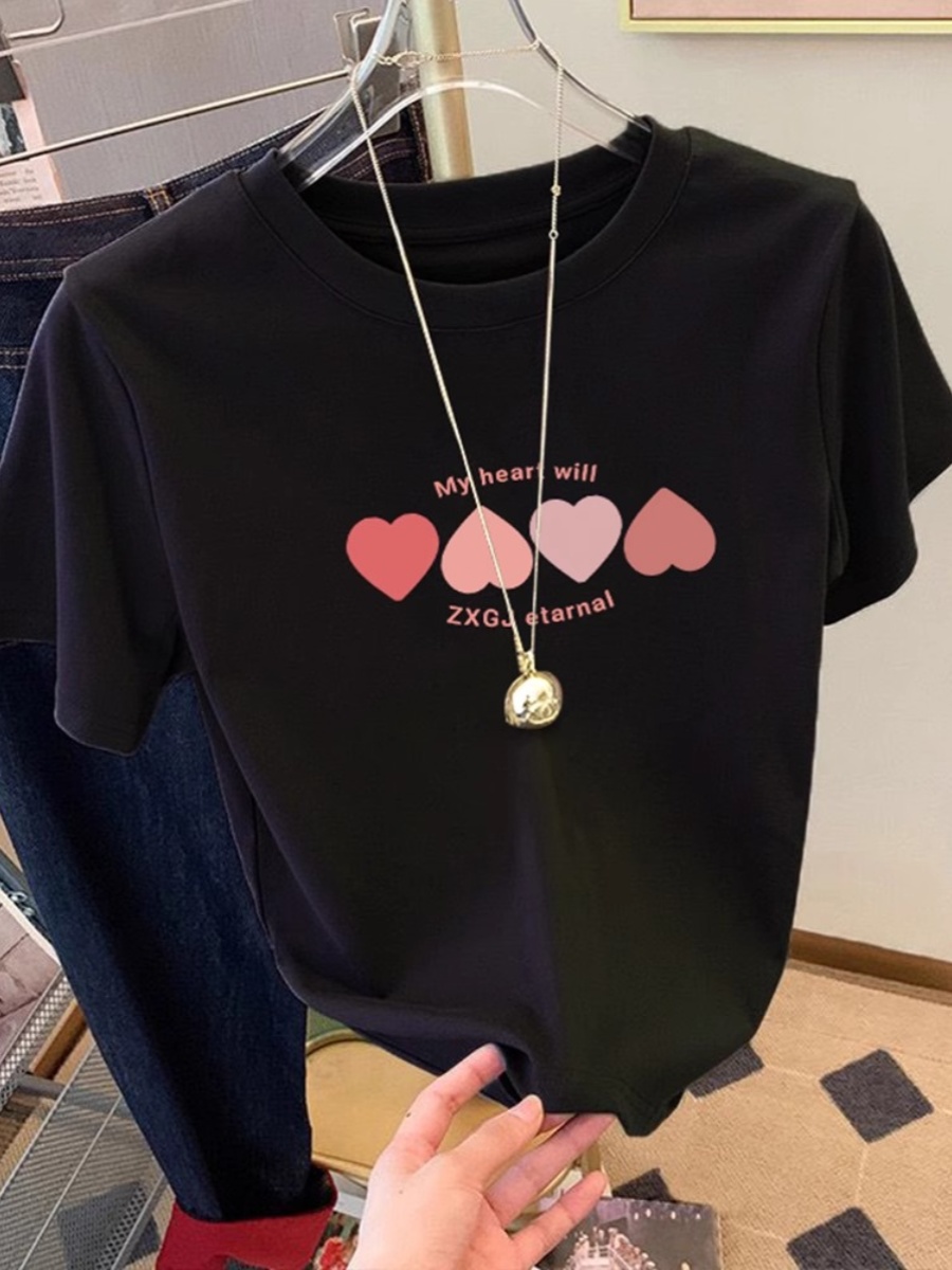 Black Shoulder Pure Cotton Short Sleeve T-Shirt Women's Summer Wear Loose Slimming Youthful-Looking Small Creative Heart Print T-shirt