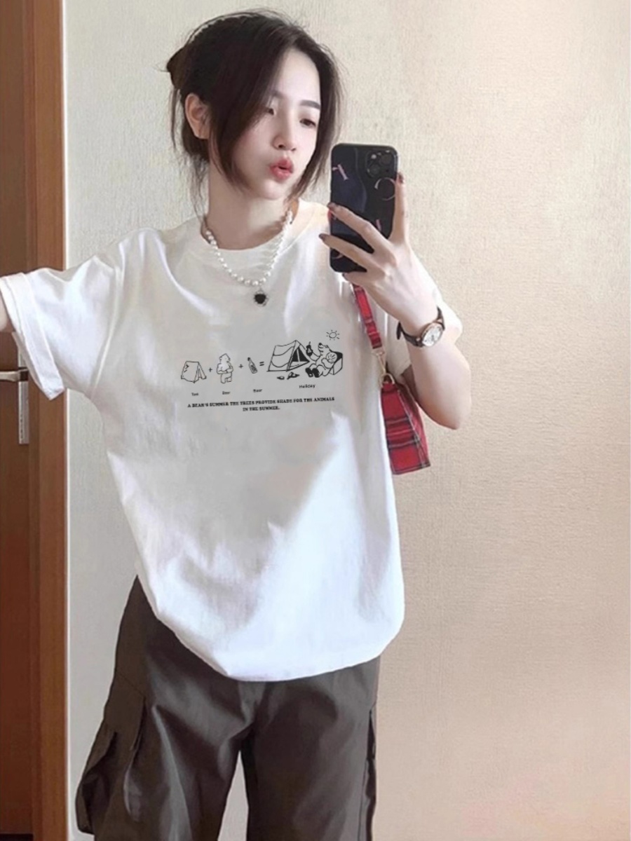 Korean Style White Short Sleeve T-Shirt Women 2025 New Arrival Loose Slimming Cotton Printed Half Sleeve Chic and Beautiful Tops Women