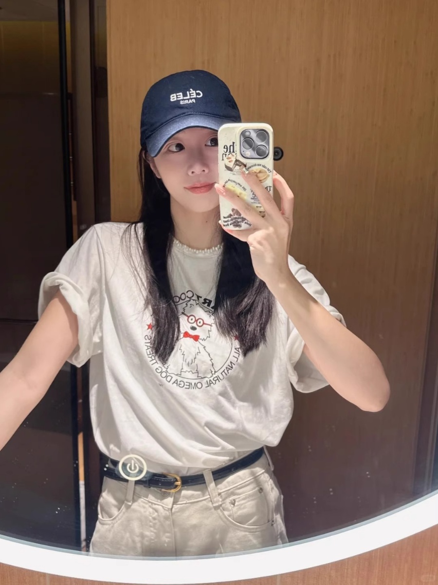 White with Printed Pattern Shoulder Short Sleeve T-Shirt Women's Summer Summer Loose Drooping Heavy Weight Pure Cotton Slim Looking Half-Sleeve T-shirt Top