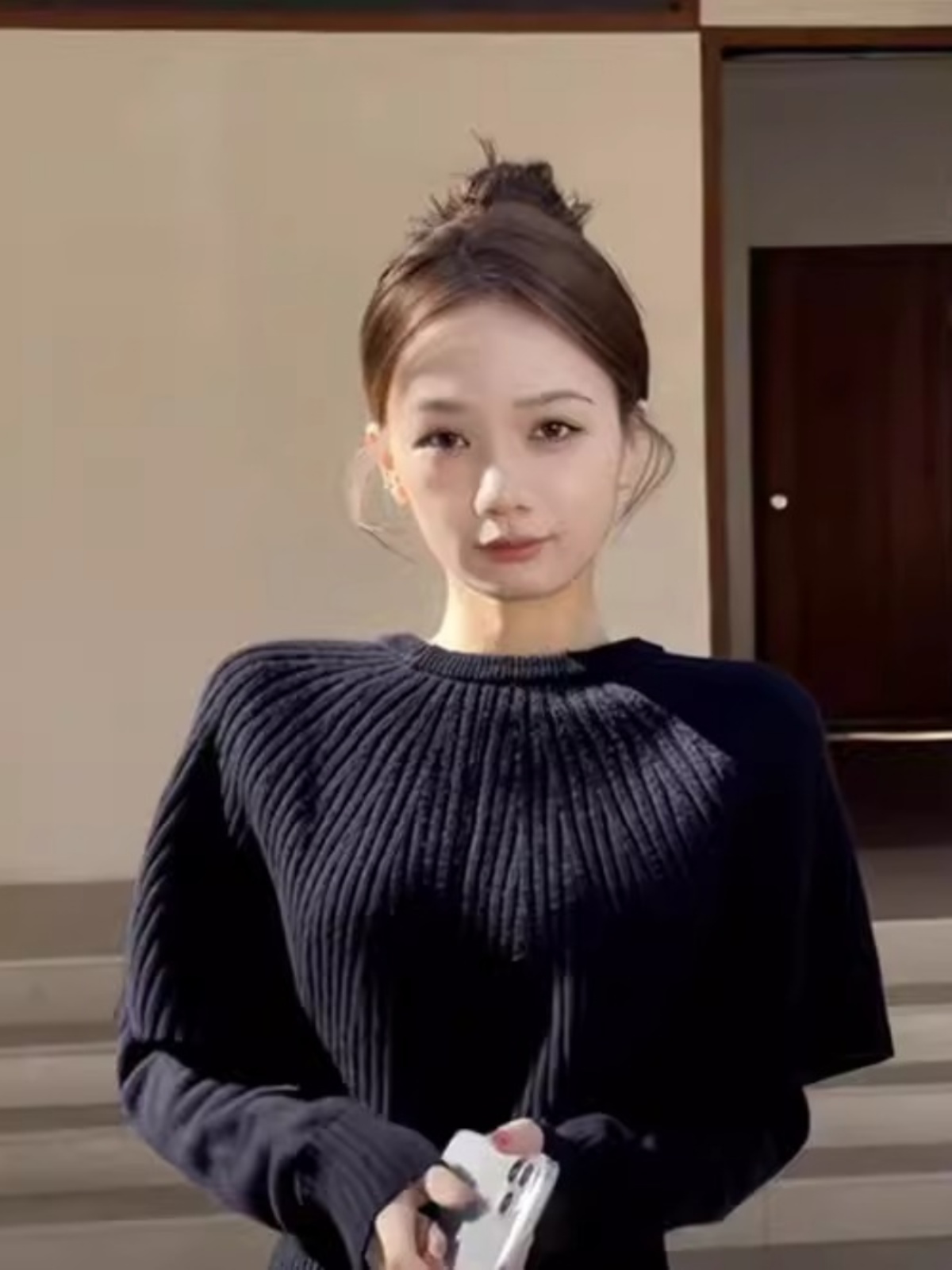Fancy Fashionable Stylish Black Shawl Cape Sweater Female Fall New Arrival Age Reduction Unique Chic Elegant Tops