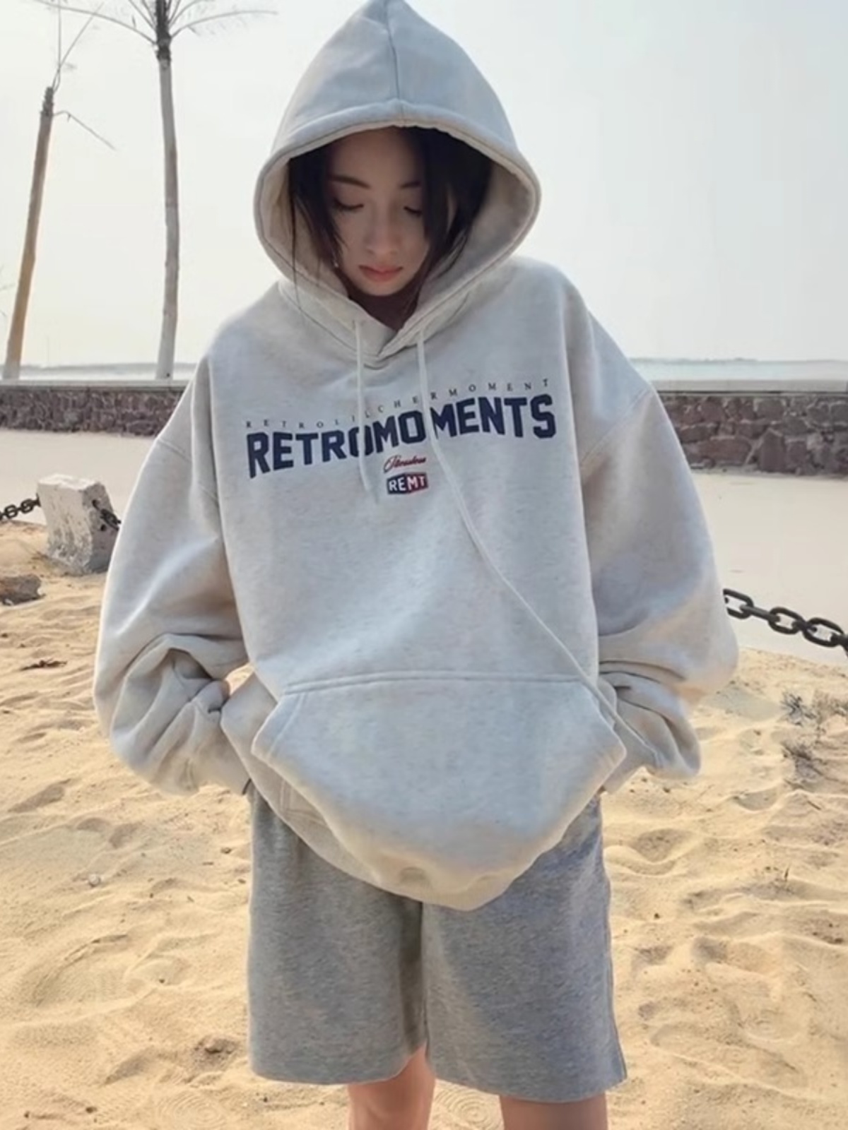 Plus Velvet Gray Hooded Sweatshirt Spring & Fall 2025 New Arrival Korean Style Lazy and Versatile Outwear Ins Fancy Tops Tide