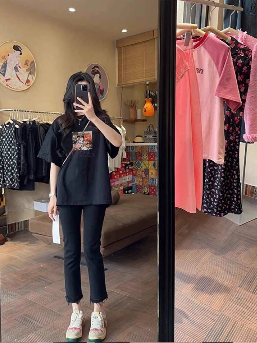 Hong Kong Style Lazy Atmosphere Cartoon Print Short Sleeve T-Shirt Women 2025 New Arrival Easiest for Match Chic Tops Women's Spring and Summer
