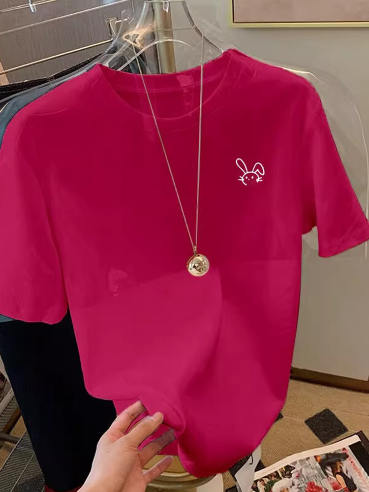 2025 Spring New Arrival Dragon Fruit Color Pure Cotton Short Sleeve T-Shirt Female Loose Easiest for Match Fashion Simple Western Style Tops Tide