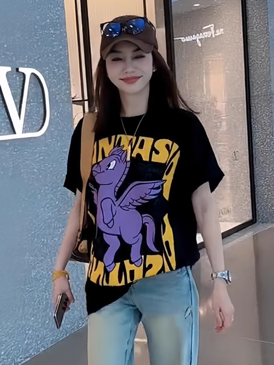 American Fashion Cool Personality Print Short Sleeve T-Shirt Women's Summer 2025 New Arrival Oversize Loose Mid Length Long Length Tops