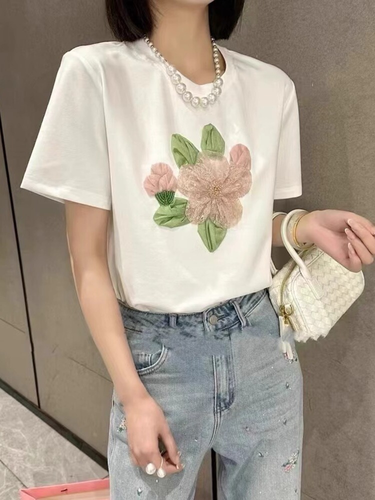 South Korea Stylish Pure Cotton Shoulder Short-Sleeved T-shirt for Women 2025 Summer New Fashion round Neck Loose Slim Looking Tops
