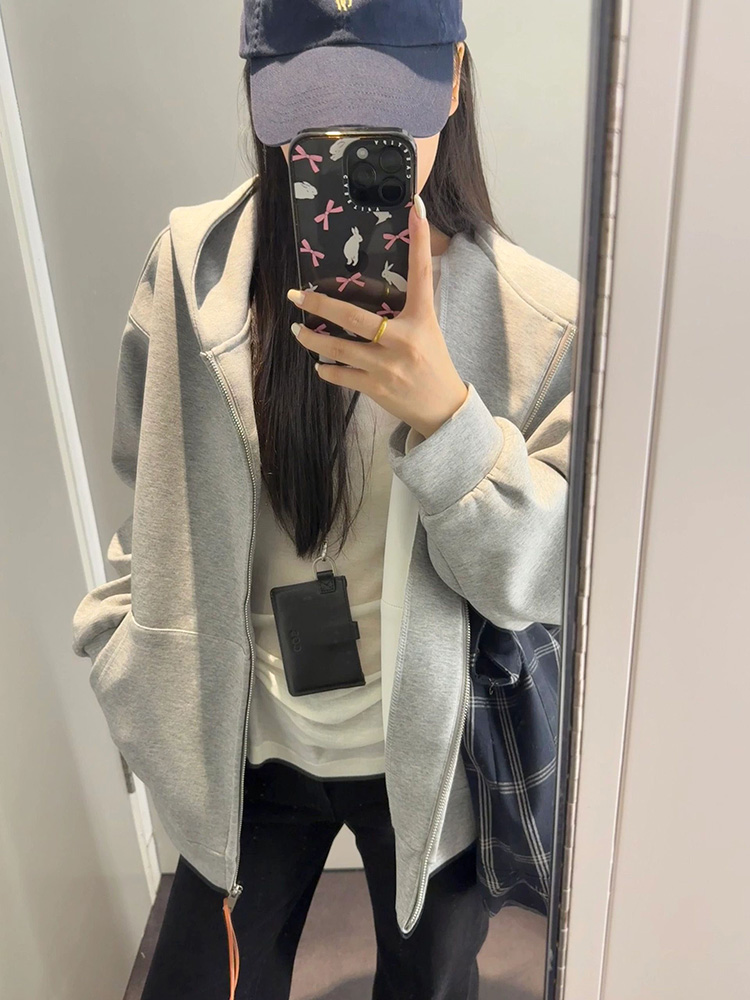 Autumn Coat Women's Spring & Fall 2025 New Arrival Best Selling Hooded Sweatshirt Women's Spring and Autumn plus Velvet Gray Cardigan Top Women's