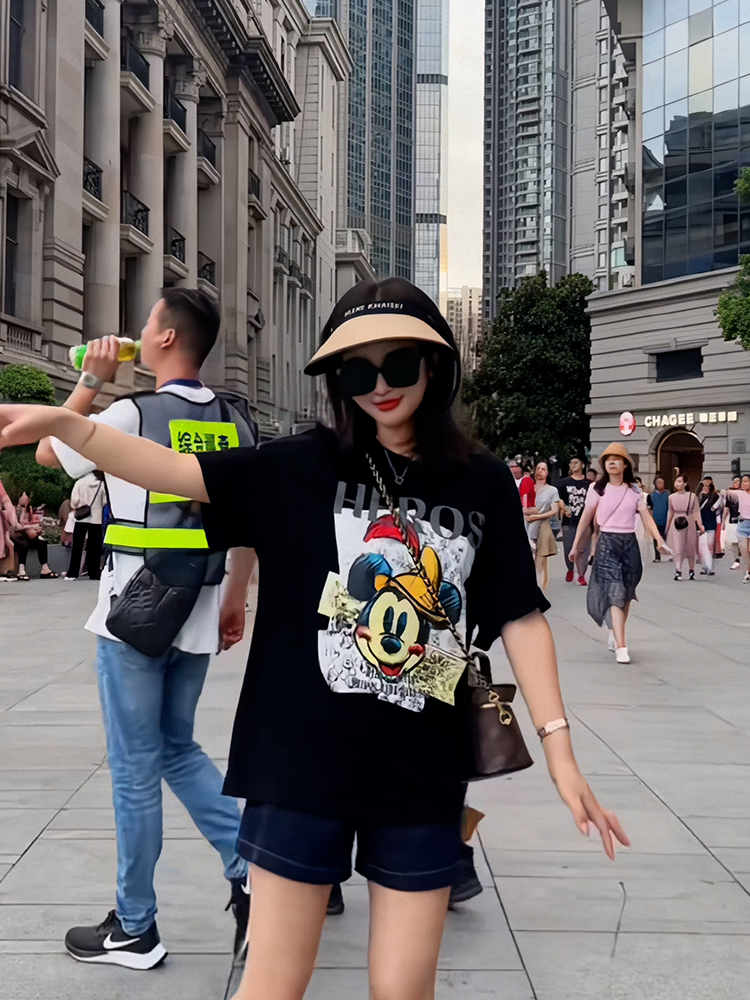 American Pure Cotton Loose Mickey Cartoon Print Short-Sleeved T-shirt Female Summer New Arrival Slim Looking Easiest for Match Black Tops Ins