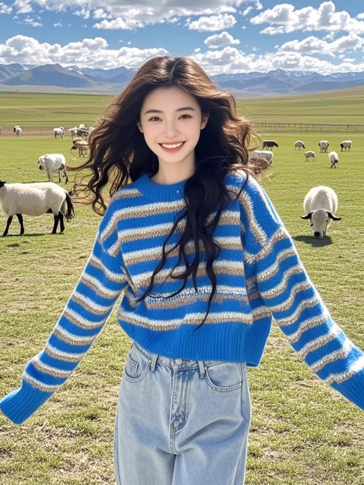 2025 New Arrival Spring & Fall Idle Style Wear French Inner Bottoming Shirt Blue Stripes Sweater Knitwear Women's Top