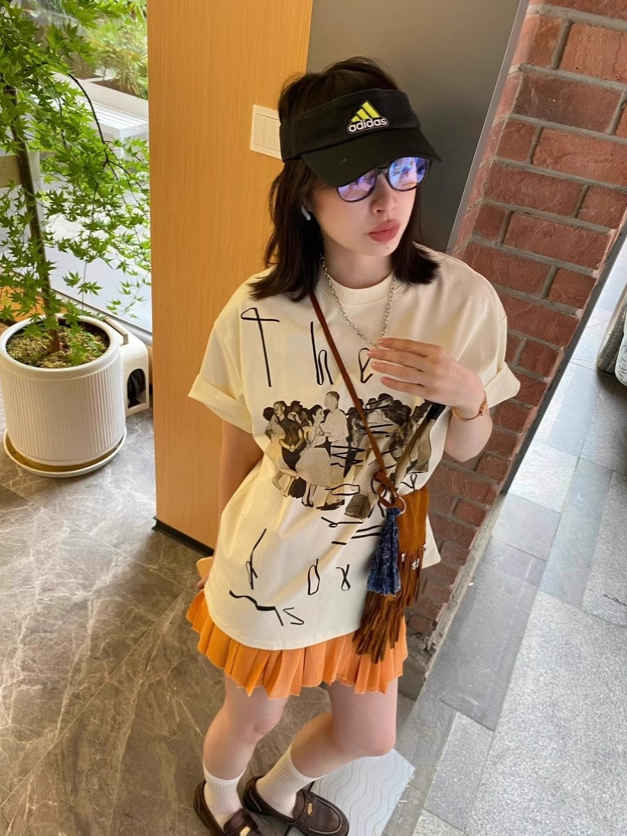 American Retro Beige Printing Drop Shoulder Short Sleeve T-Shirt Women's Summer Loose Drooping Slimming Fashion Brand Half Sleeve Tops