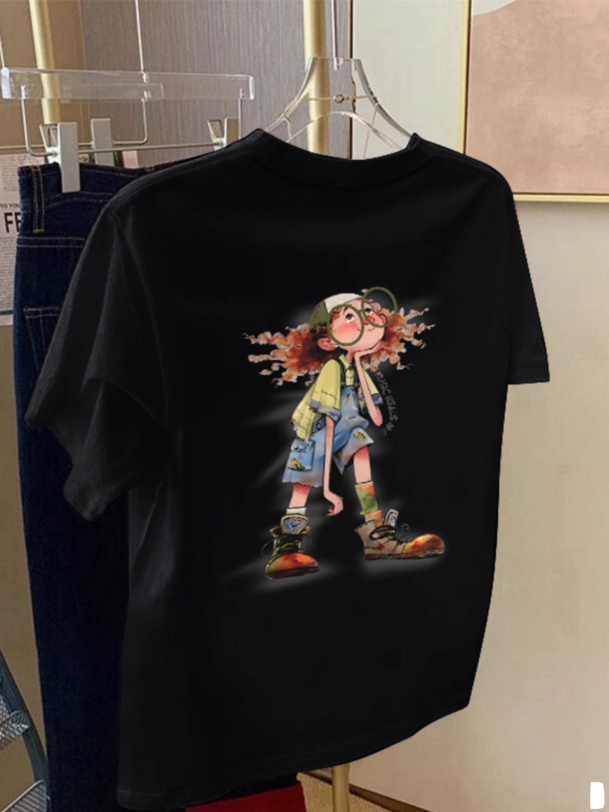 Black Pure Cotton Shoulder Short-Sleeved T-shirt Female 2025 Summer New Arrival Loose Casual Small Print T-shirt Top