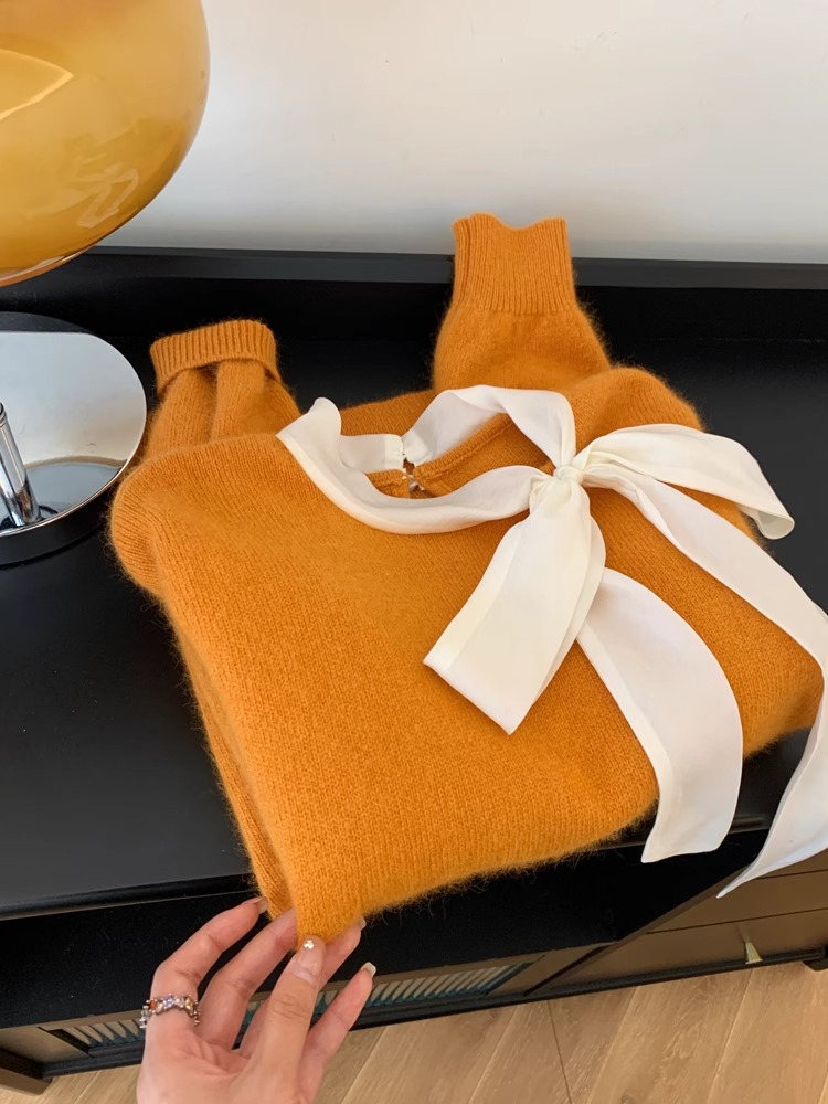 Bows Loose Soft Glutinous Pullover Women's Sweater Idle Style Fancy Small Thickened Inner Wear Can Be Outwear Orange