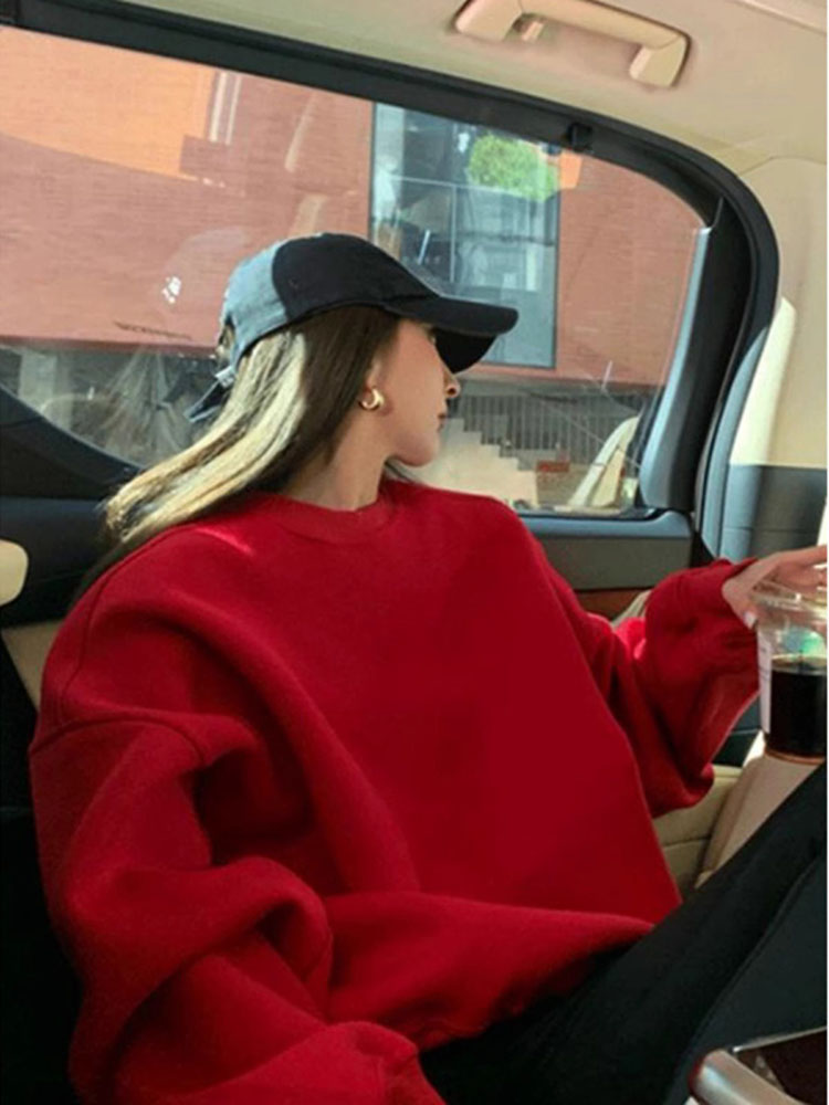 Fleece-lined Red Sweater Women Spring & Fall Loose New round-Neck Non-Hoodie Slim Looking Tops Plus Size Snake Year Birth Year Clothes